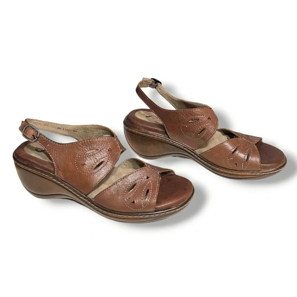 SOFTWALK Melo Brown Perforated Leather Wedge Slingback Sandals Size 8